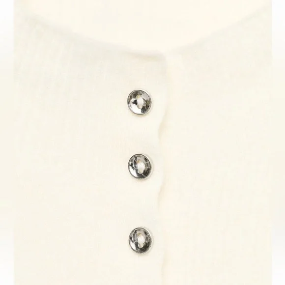 Mango XL Ivory Fine Knit Ribbed Mock Neck Mini Button Front Wool Blend Cardigan - Picture 6 of 16